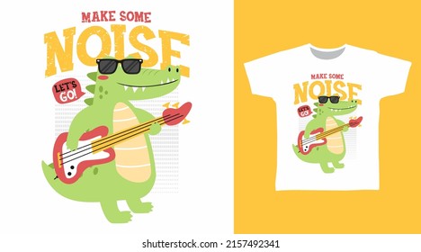 Diseño artístico de camisetas de dibujos animados de guitarra de cocodrilo lindo