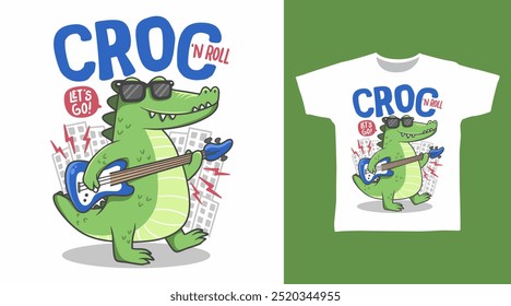 Cute Crocodile Play Guitar Vector Illustration T-shirt Designs.