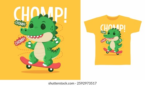 Cute crocodile play skateboard hand drawn, ready for print on t shirt and other uses