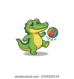 Cute Crocodile Playing Ball Cartoon Vector Illustration