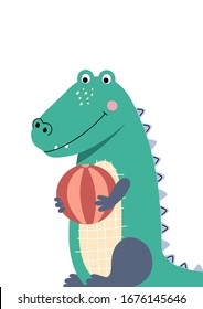 Cute crocodile playing with the ball. Poster for baby room. Childish print for nursery. Design can be used for fashion t-shirt, greeting card, baby shower. Vector illustration.