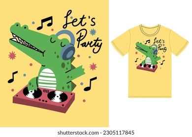 Cute crocodile playing dj music with tshirt design premium vector the Concept of Isolated Technology. Flat Cartoon Style Suitable for Landing Web Pages,T shirt, Flyers, Stickers