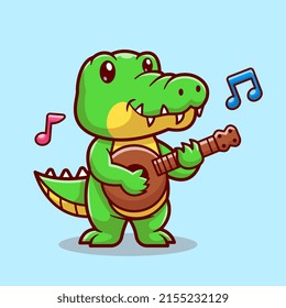 Cute Crocodile Playing Guitar Cartoon Vector Icon Illustration. Animal Music Icon Concept Isolated Premium Vector. Flat Cartoon Style