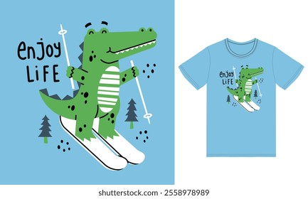 Cute crocodile playing ice ski illustration with tshirt design premium vector the Concept of Isolated Technology. Flat Cartoon Style Suitable for Landing Web Pages,T shirt, Flyers, Stickers