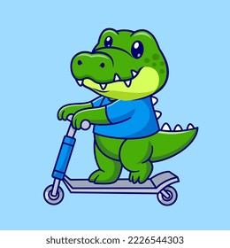 Cute Crocodile Playing Scooter Cartoon Vector Icon Illustration. Animal Transportation Icon Concept Isolated Premium Vector. Flat Cartoon Style