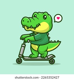 Cute Crocodile Playing Scooter Cartoon Vector Icon Illustration. Animal Transportation Icon Concept Isolated Premium Vector. Flat Cartoon Style