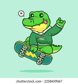 Cute Crocodile Playing Skateboard Cartoon Vektorsymbol Illustration. Animal Sport Icon Konzept isolierter Premium Vektor. Flachbildkartonstil