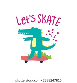 Cute crocodile playing skateboard, hand drawn illustration for for fabric, textile and print