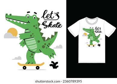 Cute crocodile playing skateboard illustration with tshirt design premium vector the Concept of Isolated Technology. Flat Cartoon Style Suitable for Landing Web Pages,T shirt, Flyers, Stickers