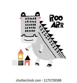 Cute crocodile playing with toy blocks. Cartoon creative crocodile vector illustration in scandinavian style. Vector Illustration. Can be used print print for t-shirts, home decor, posters, cards.