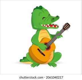 Cute crocodile plays guitar and sings. Vector illustration in cartoon style isolated on white background