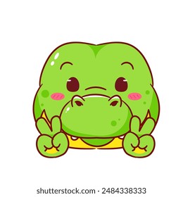 Cute Crocodile Poses Peace Hand Sign Gesture Cartoon Character. Adorable and Kawaii Animal Icon Mascot Concept Design. Logo Vector Illustration. Isolated White Background.