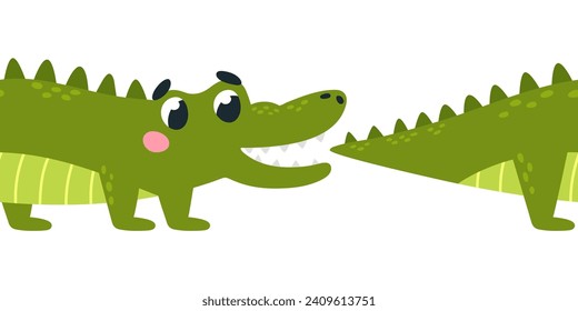 Cute crocodile print. Funny alligator bites tail. Seamless pattern border for wall sticker. Isolated cartoon animal for t-shirt or sweater, classy vector design