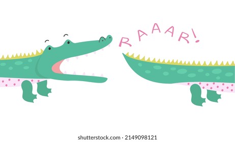 Cute crocodile print. Green alligator cartoon style, boy t-shirt sticker. African wild animal bite tail, isolated scandinavian nowaday poster vector template