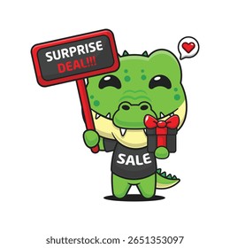 crocodilo bonito com sinal de promoção e caixa de presente na sexta-feira preta venda desenho animado vetor ilustração	