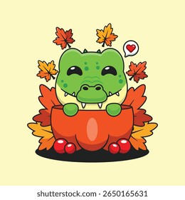 Crocodilo bonito em uma abóbora na ilustração do vetor do desenho animado do outono