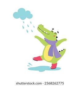 Cute Crocodile in Rainy Day Walking in Scarf and Rubber Boots Vector Illustration