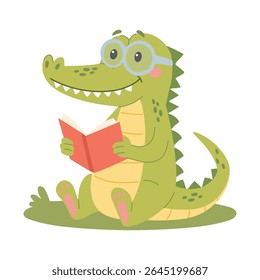 Cute crocodile reading a book.  Funny smart wild animal character sitting with book cartoon vector illustration