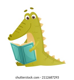 Cute crocodile reading book. Smart baby animal sitting and studying with book cartoon vector illustration