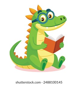 Cute crocodile reading a book. Vector illustration in cartoon style