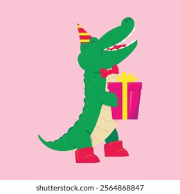 Cute crocodile with red boots, bow tie, and big gift, perfect for birthday-themed designs and kids' art.