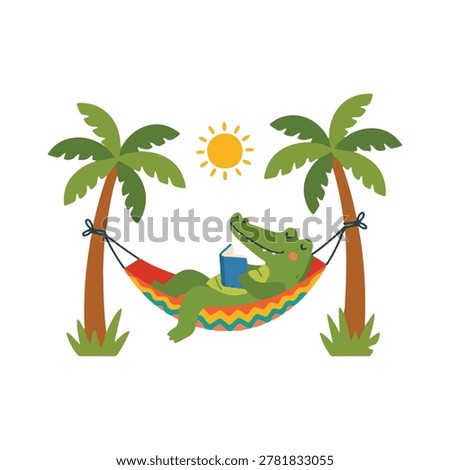 Cute Crocodile Relaxing and Reading Book in Hammock Between Palm Trees