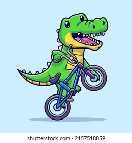 Cute Crocodile Riding Bicycle Cartoon Vektorsymbol Illustration. Animal Sport Icon Konzept isolierter Premium Vektor. Flachbildkartonstil