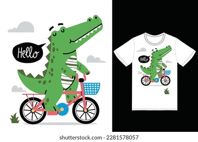 Cute crocodile riding bike illustration with tshirt design premium vector the Concept of Isolated Technology. Flat Cartoon Style Suitable for Landing Web Pages,T shirt, Flyers, Stickers