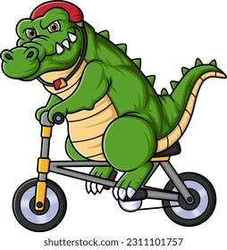 Cute crocodile riding bike using safety helmet of illustration