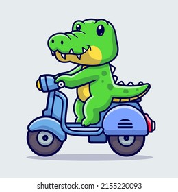 Cute Crocodile Riding Scooter Cartoon Vector Icon Illustration. Animal Transportation Icon Concept Isolated Premium Vector. Flat Cartoon Style