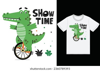 Cute crocodile riding a unicycle illustration with tshirt design premium vector the Concept of Isolated Technology. Flat Cartoon Style Suitable for Landing Web Pages,T shirt, Flyers, Stickers