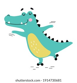 Cute Crocodile Rollerblading, Funny Alligator Predator Animal Character Cartoon Style Vector Illustration