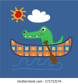 A cute crocodile rowing under the sun. Vector illustration