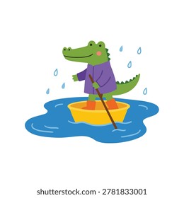 Cute Crocodile Rowing Yellow Basin Boat in Puddle, Rainy Day Adventure Flat Vector