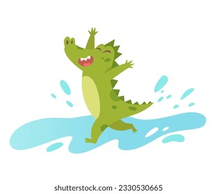 Cute crocodile running through water of summer rain puddles vector illustration. Cartoon isolated crazy green alligator jumping in blue water splashes, steps and jumps of playing funny baby animal