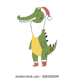 Cute crocodile in Santa Claus costume vector cartoon character isolated on a white background.