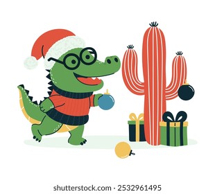 A cute crocodile in a Santa hat decorates a cactus with toys during the Christmas holidays.