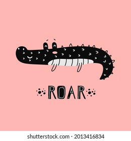 Cute crocodile in scandinavian style black with lettering on a pink background