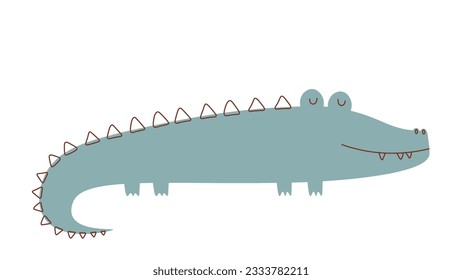 Cute crocodile in scandinavian style. Nice animal character. Flat minimalistic illustration. Vector drawing on white isolated background. Baby clothes print, poster, nursery decor.