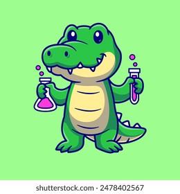 Cute Crocodile Scientist Holding Lab Tube Cartoon Vector Icon Illustration. Animal Science Icon Concept Isolated Premium Vector. Flat Cartoon Style