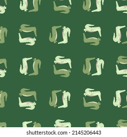 Cute crocodile seamless pattern. Background with funny alligator in doodle style for fabric. Repeated design texture for printing, wrapping, interior, wallpaper, tissue. Vector illustration.