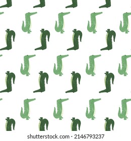 Cute Crocodile Seamless Pattern. Background With Funny Alligator In Doodle Style For Fabric. Repeated Design Texture For Printing, Wrapping, Interior, Wallpaper, Tissue. Vector Illustration.