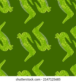 Cute crocodile seamless pattern. Background with funny alligator in doodle style for fabric. Repeated design texture for printing, wrapping, interior, wallpaper, tissue. Vector illustration.