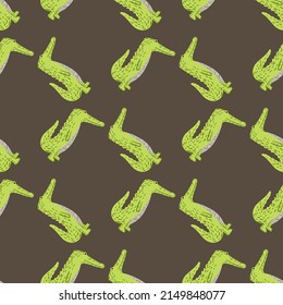 Cute crocodile seamless pattern. Background with funny alligator in doodle style for fabric. Repeated design texture for printing, wrapping, interior, wallpaper, tissue. Vector illustration.