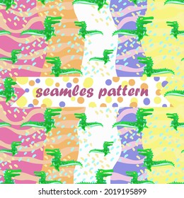 Cute crocodile seamless pattern. Cartoon wild animals wallpaper. The set includes five background colors.