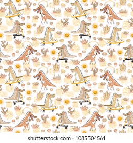 
Cute Crocodile seamless pattern. Vector background with alligators and cactuses, rain clouds and suns. Cartoon Wild Animals wallpaper