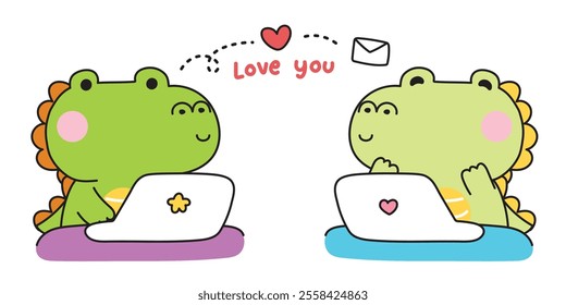 Cute crocodile send love mail.Love you text.Laptop.Work.Heart.Valentines day.Reptile animal character cartoon design.Kawaii.Vector.Illustration.