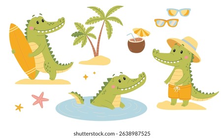 Cute Crocodile set. Cute cartoon crocodiles on the beach. Flat vector illustration in simple childish style isolated on white background