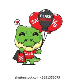 crocodilo bonito com saco de compras e balão na sexta-feira preta venda desenho animado vetor ilustração