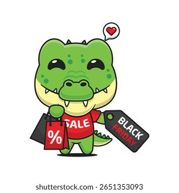 crocodilo bonito com saco de compras e preto sexta-feira venda desconto desenho animado vetor ilustração	